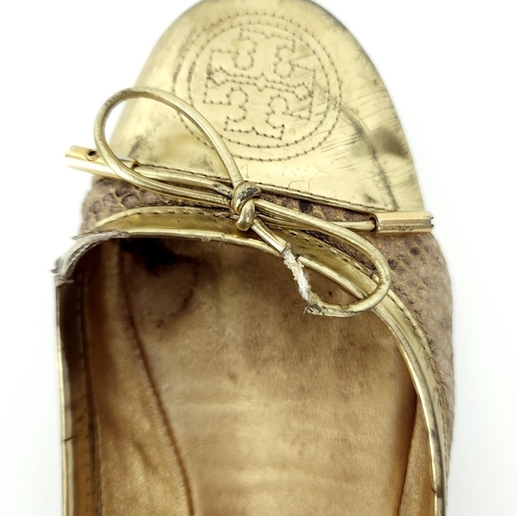 Tory Burch Verbena Snake Embossed Leather/Gold Patent Ballet Flat Size 7 - Picture 4 of 13